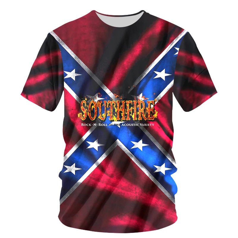 Remera Roja Con Impresión 3D Para Hombre Y Mujer De Manga Corta De Verano Con La Bandera De La Estrella Del Sur Y El Fuego