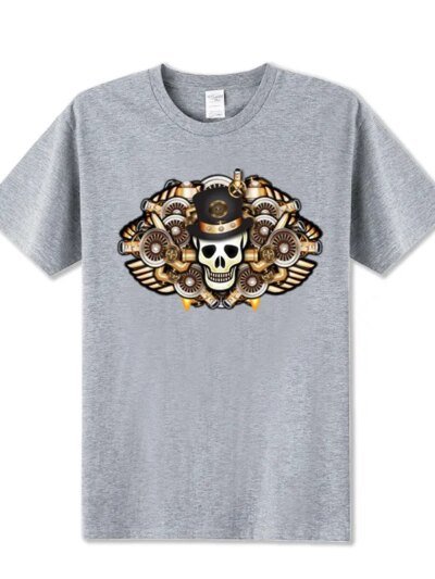 Remeras De Algodón Para Hombre Estilo Retro Steampunk Con Calavera 3D Y Reloj De Metal De Manga Corta
