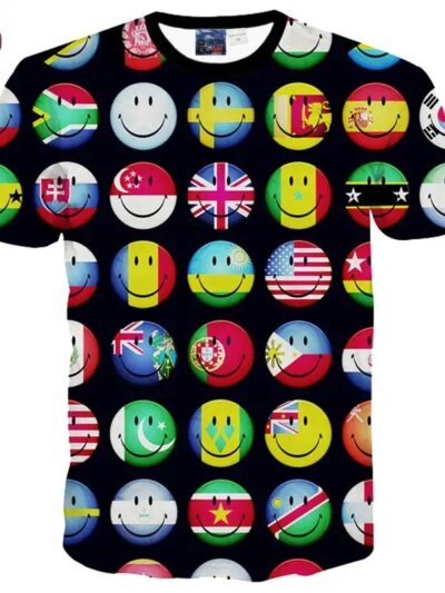 Remera 3D De Manga Corta Para Hombre Y Mujer Con Caras Sonrientes Y Banderas Divertida Impresión