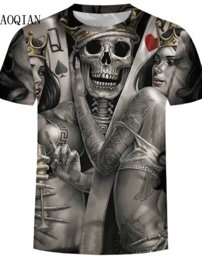 Remera Informal De Manga Corta Con Estampado De Calavera De Póker 3D Para Hombre De Verano