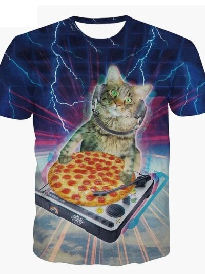 Remera Cosmos 3D Cat Con Divertida Pizza Cd Dj Manga Corta Para Hombre Y Mujer