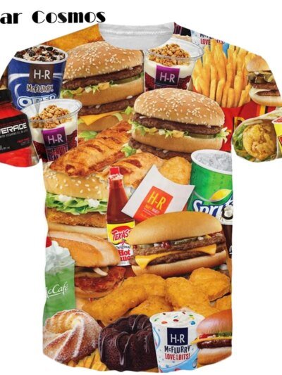 Remera Impresa En 3D De Cosmos Con Hamburguesas Nuggets De Pollo Frito Y Otras Comidas Rápidas