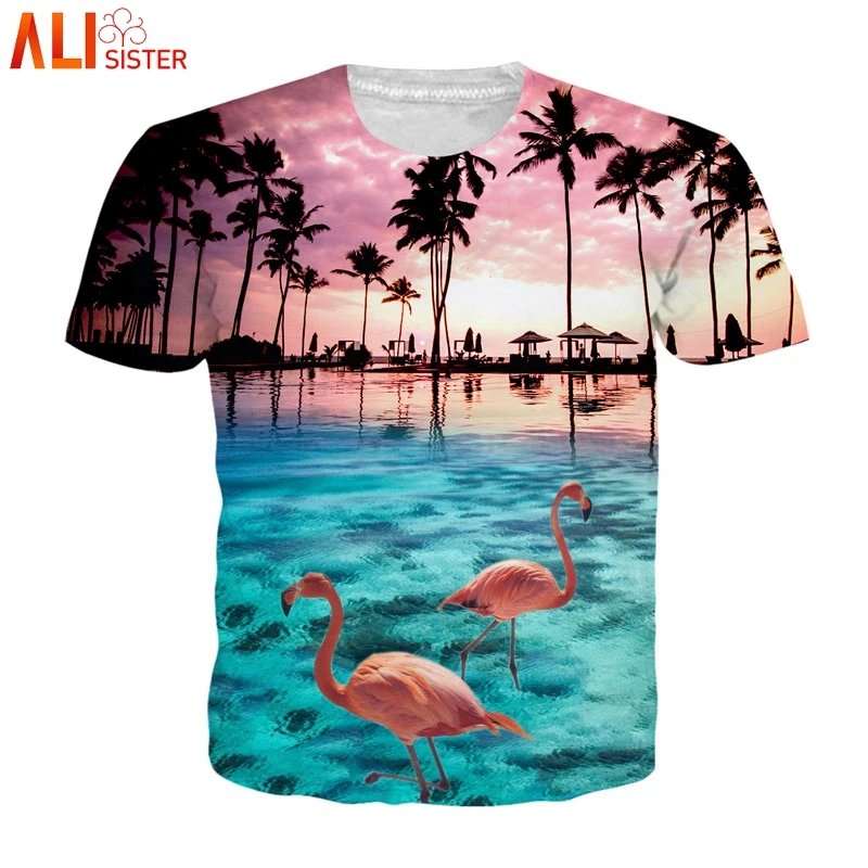 Remera Hawaiana 3D Talla Europea Con Flamencos De Verano Y Accesorios