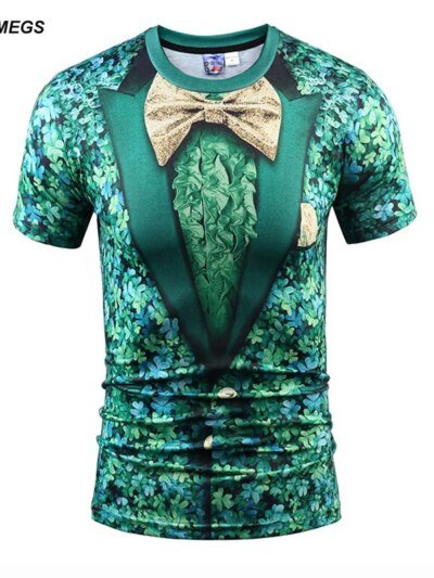 Traje Verde Trébol Para Hombre Pajarita Manga Corta Estampado Digital Remeras De Verano