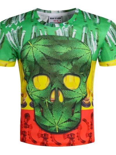 Remera De Manga Corta 3D Para Hombre Y Mujer Con Estampado De Calavera Y Hojas Divertidas