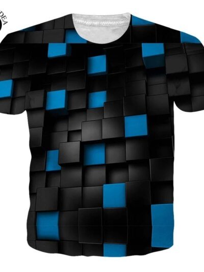 Remera Casual De Manga Corta Con Estampado Cuadrado Negro Azul Divertida Para Hombre 3D De Verano
