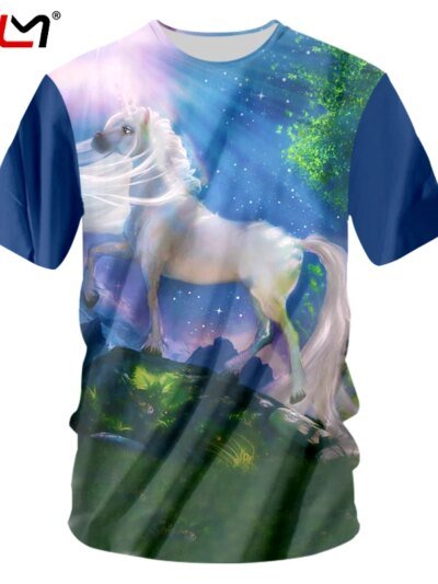 Remera De Hip Hop 3D Con Diseño De Unicornio Arcoíris Y Caballo Manga Corta Para Hombre