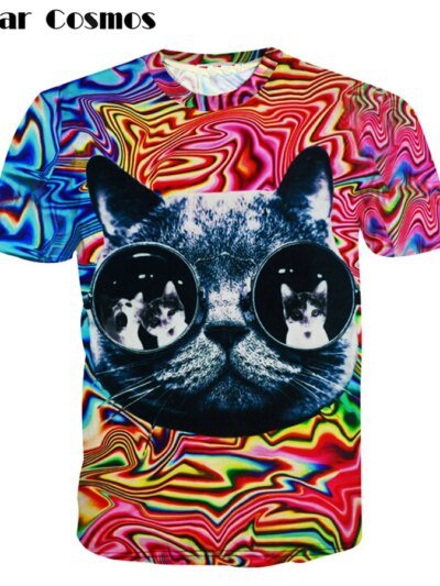 Remera Psicodélica 3D Con Gafas De Gato A Rayas De Cosmos Harajuku Para Hombre Y Mujer