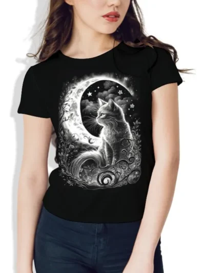 Camiseta Remera Sublimada Dama Gato Luna Moda Full Print