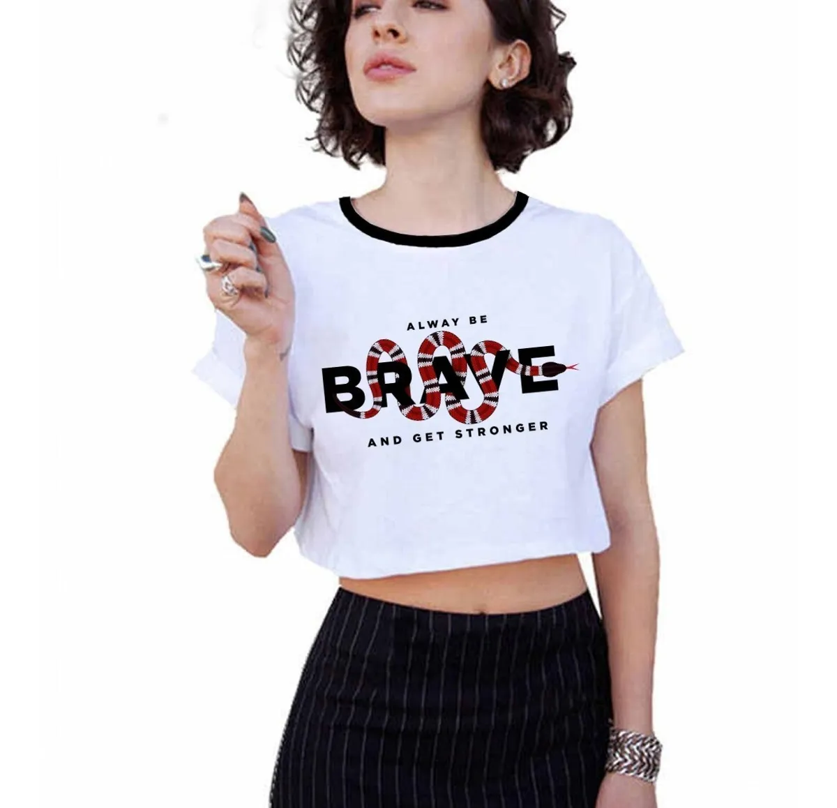 Camiseta Remera Sublimada Crop Top Cuello C/negro Brave Serpiente / Snake / Moda