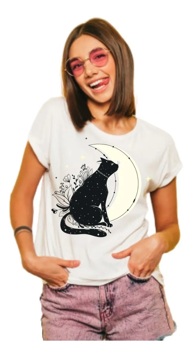 Camiseta Remera Sublimada Blusa / Blanca / Gato Negro / Moda Mujer