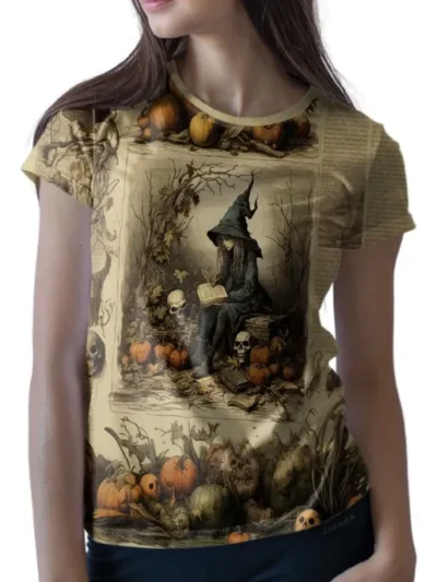 Camiseta Remera Sublimada Dama Diseño Retro Vintage Libro Halloween Collage