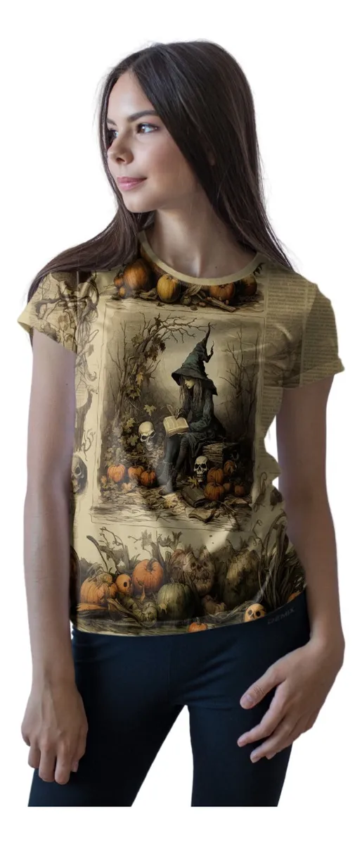 Camiseta Remera Sublimada Dama Diseño Retro Vintage Libro Halloween Collage