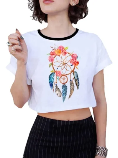Camiseta Remera Sublimada Blusa Crop Top--- Atrapa Sueños---cuello Blco/negro
