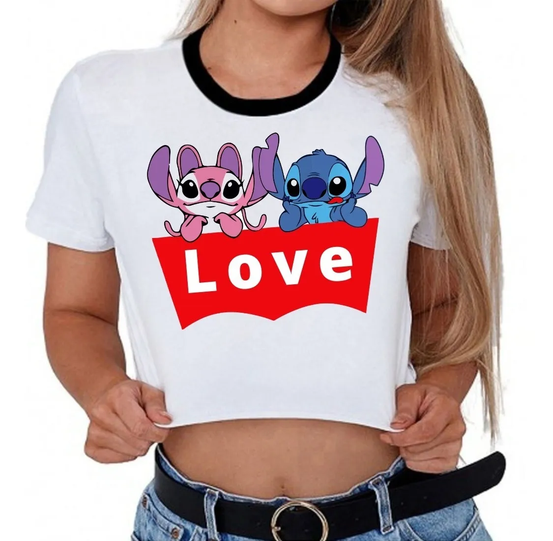Camiseta Remera Sublimada Crop Top Stich Love#2 Moda Casual Para Mujer