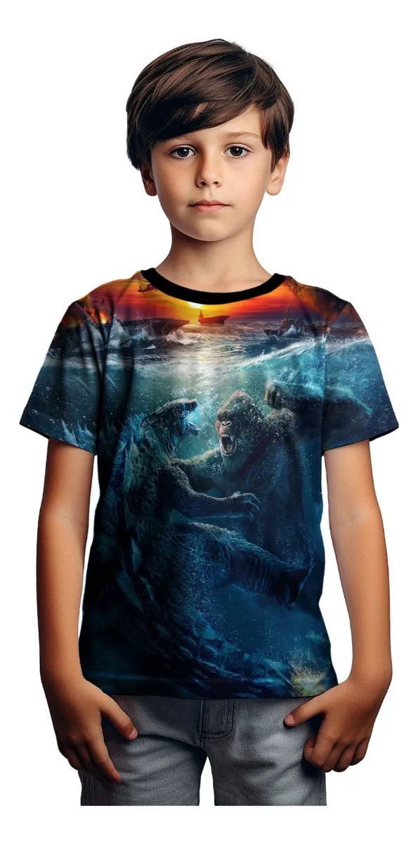 Camiseta Remera Sublimada Niños King Kong Vs Godzilla Mod Full Print Bajo Agua