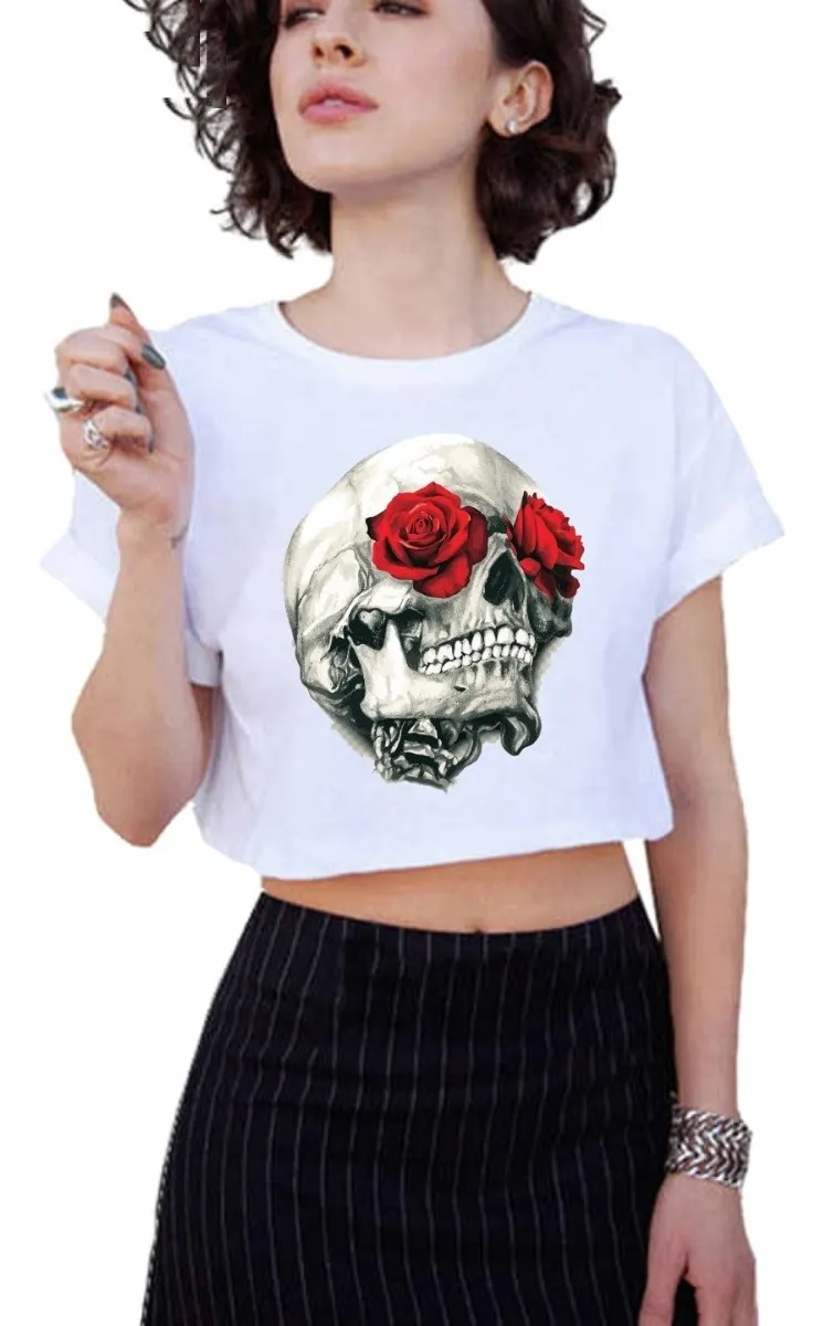 Camiseta Remera Sublimada Retro Mujer Calavera+rosa Roja Croptop /moda Casual