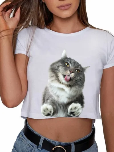 Camiseta Remera Sublimada Blusa Crop Top Mujer/ Moda Mujer *gato Tierno Selfie*