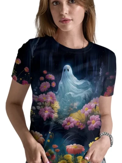 Camiseta Remera Sublimada Dama Fantasma Floral Diseño Retro Vintage Halloween