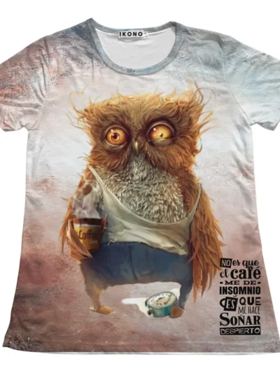 Camiseta Remera Sublimada Búho Taza Café Blusa Mujer Estampado Bonito