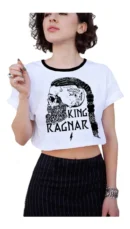Camiseta Remera Sublimada Blusa Crop Top--- Vikingo Ragnar---cuello Blco/negro