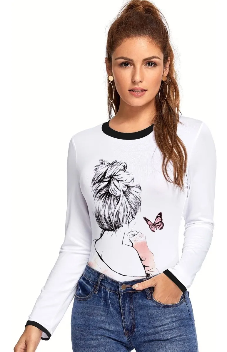Camiseta Remera Sublimada Con Estampado De Mariposa Y Figura Moda Muj