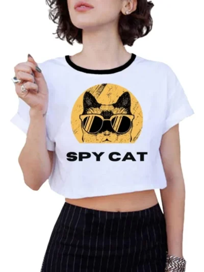Camiseta Remera Sublimada Blusa Crop Top--- Gatito Espia---cuello Blco/negro
