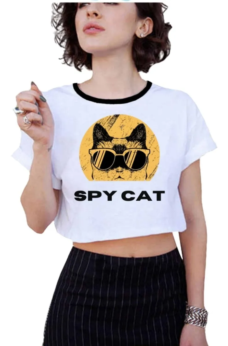 Camiseta Remera Sublimada Blusa Crop Top--- Gatito Espia---cuello Blco/negro