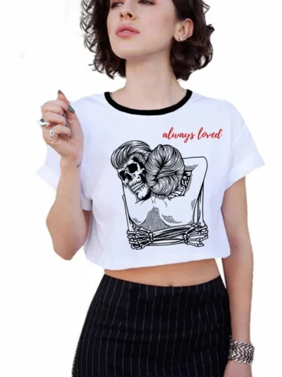 Camiseta Remera Sublimada Retro Calavera Love Croptop Mujer Moda Casual