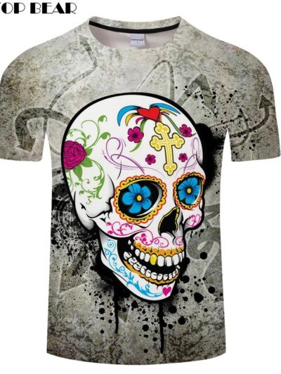 Remera De Manga Corta Con Cuello Redondo Y Calavera Para Hombre Y Mujer