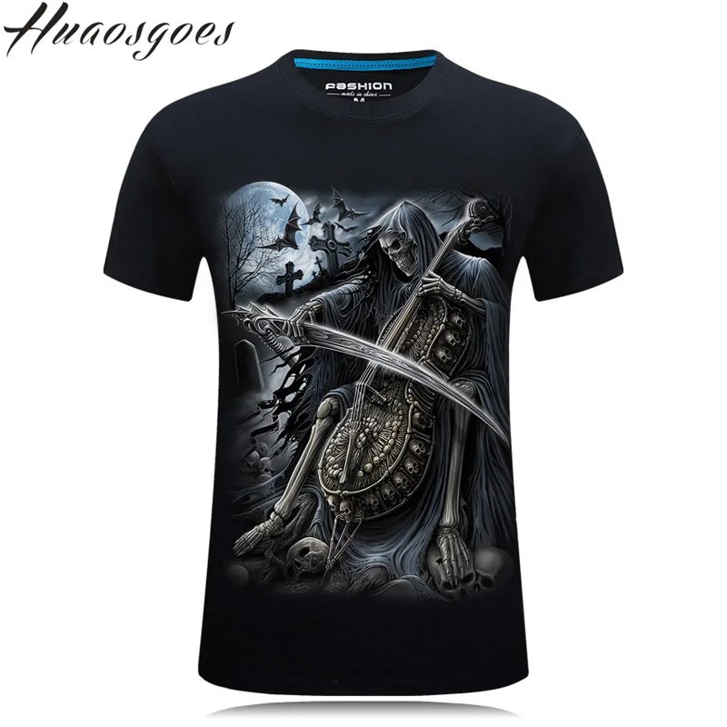 Remera Corta De Algodón Con Estampado De Calavera 3D Y Estampado De Plantas En Celofán Tallas S 6Xl