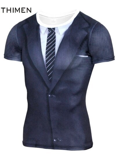 Remera Divertida De Compresión Para Hombre Diseño 3D Falso Negra De Manga Corta Informal