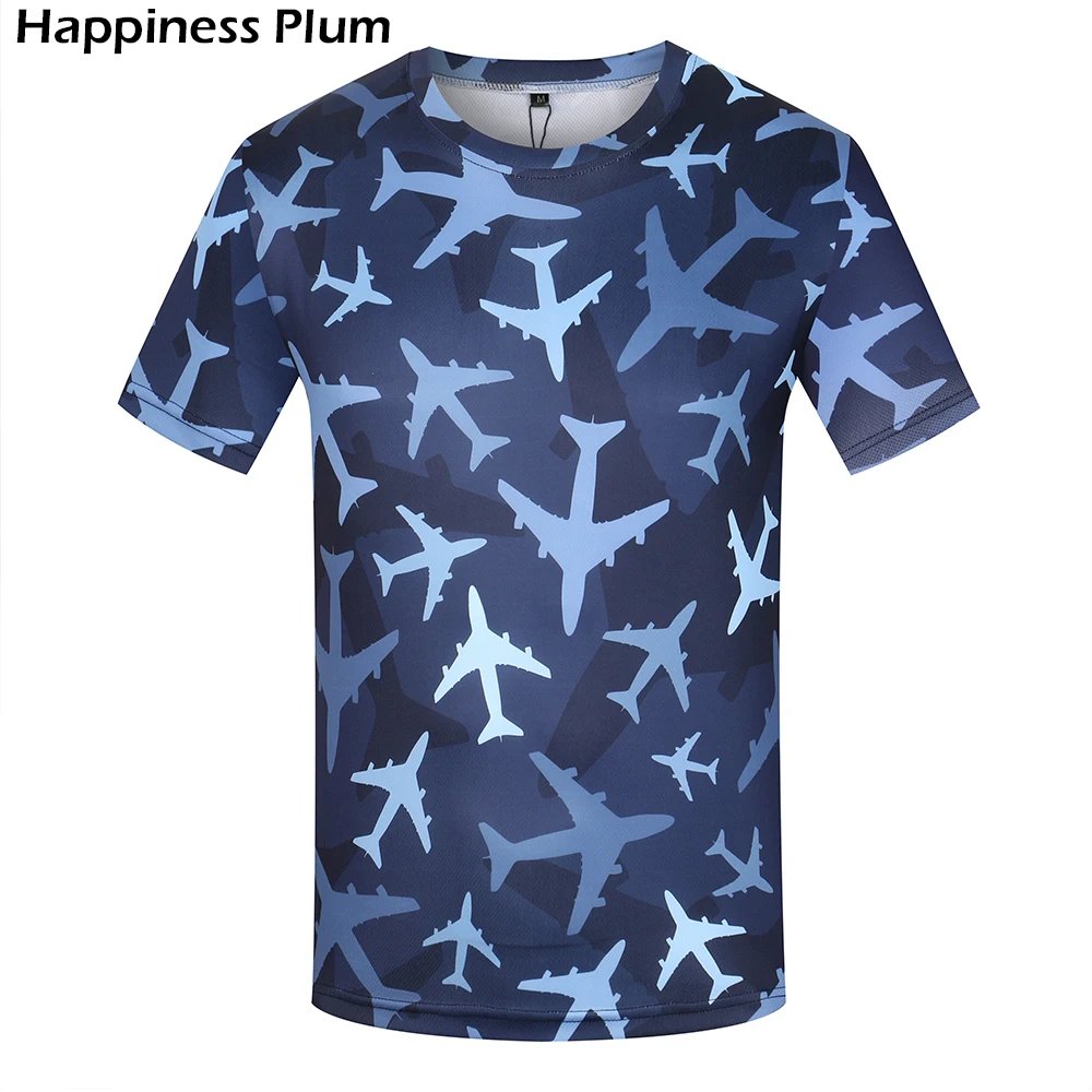 Remera De Manga Corta Azul Con Estampado 3D De Avión Divertida Y Casual Para Hombre