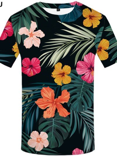 Remera 3D Con Estampado De Flores Y Hojas Verdes Para Hombre