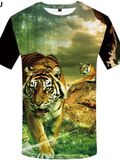 Remera De Marca Tiger Remera Con Estampado 3D De Bosque Hip Hop Para Hombre Ajustada