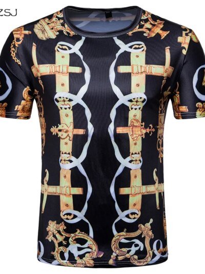 Remera De Manga Corta Con Estampado De Cadena Dorada 3D De Lujo Para Hombre Estilo Casual De Verano