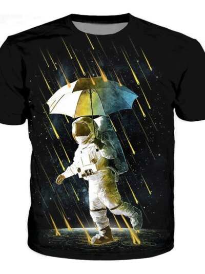 Remera Informal Negra Con Estampado 3D De Astronautas En El Espacio Y Lluvia De Meteoritos Para Hombre