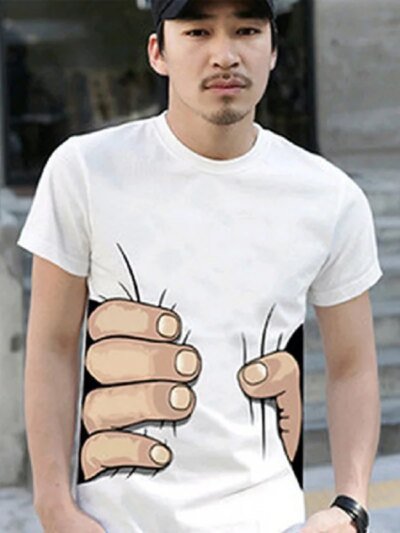 Remera Blanca Grande Con Estampado 3D Para Hombre Divertida Cuello Redondo Manga Corta Informal
