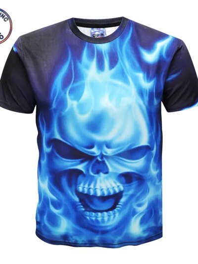 Remera De Manga Corta 3D Para Hombre Verano Estampado De Calavera De Fuego Azul