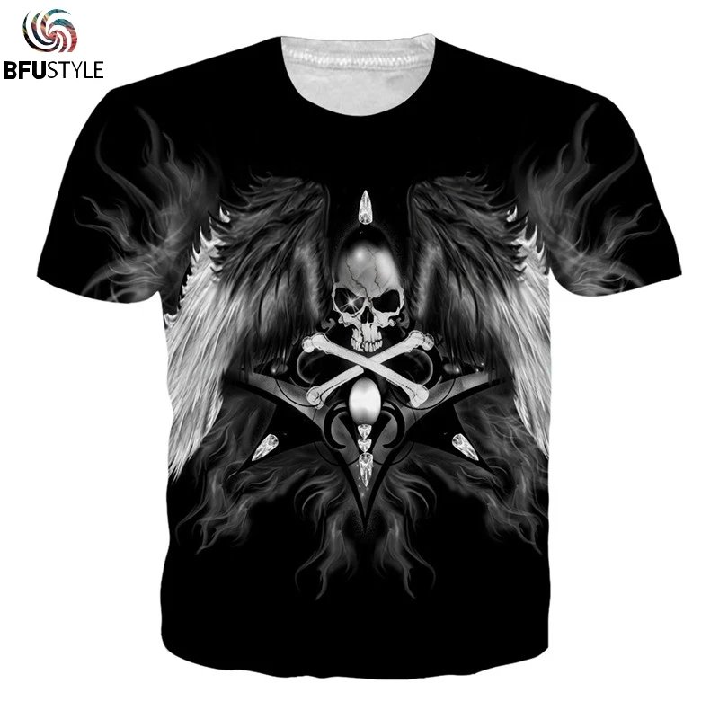 Remera Negra Con Diseño De Calavera Y Alas De Moda En 3D Remeras Casuales Para Hombre Divertidas Y Frescas Con Un Toque De Fitness