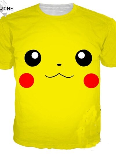 Remera De Manga Corta Con Cara 3D De Pikachu De Pokémon Para Hombre Y Mujer Cuello Redondo Informal
