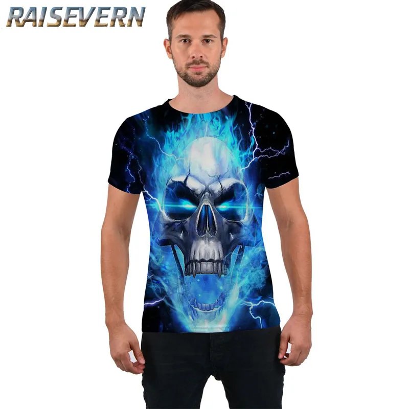 Remera De Calavera Punk Con Llama Azul 3D Estilo Hip Hop Rock Estilo Casual Vintage Para Hombre