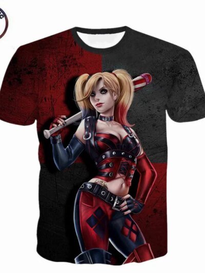 Remera Negra De Manga Corta Para Mujer Con El Joker Y Harley Quinn En 3D Del Escuadrón Suicida Color Rojo