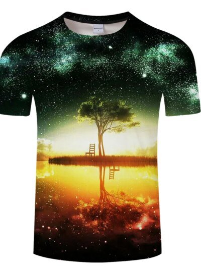 Remera Space Glaxy Forest 3D Para Hombre Manga Corta Cuello Redondo Informal Verano