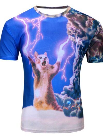 Remera De Verano Con Estampado De Gato En 3D Para Hombre Con Cuello Redondo