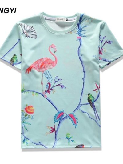 Remera Informal De Verano Con Estampado 3D De Flamencos Y Pájaros Cuello Redondo Y Manga Corta Para Hombre