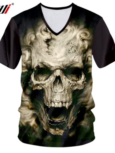 Remera De Verano Con Estampado De Calavera En 3D Y Cuello En V Estilo Dark Souls