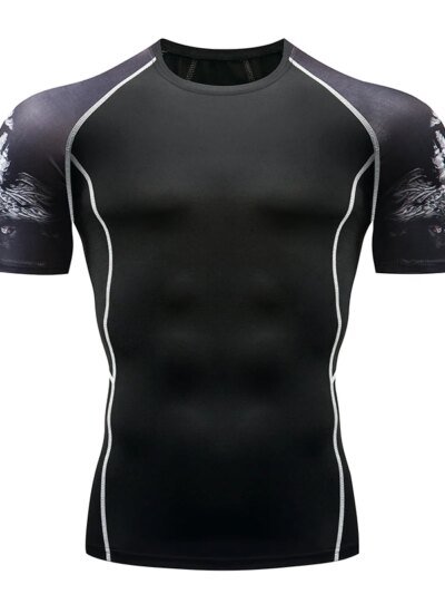 Remera De Compresión 3D Con Estampado De Cabeza De Lobo Expandible Para Hombre De Manga Corta